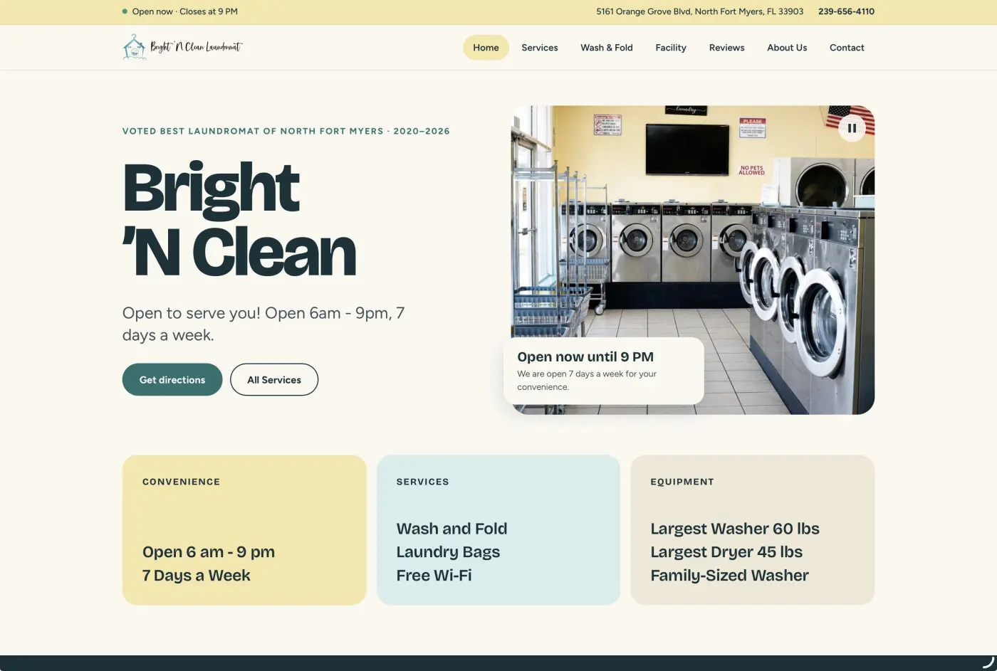Home page of the Bright 'N Clean Laundromat website