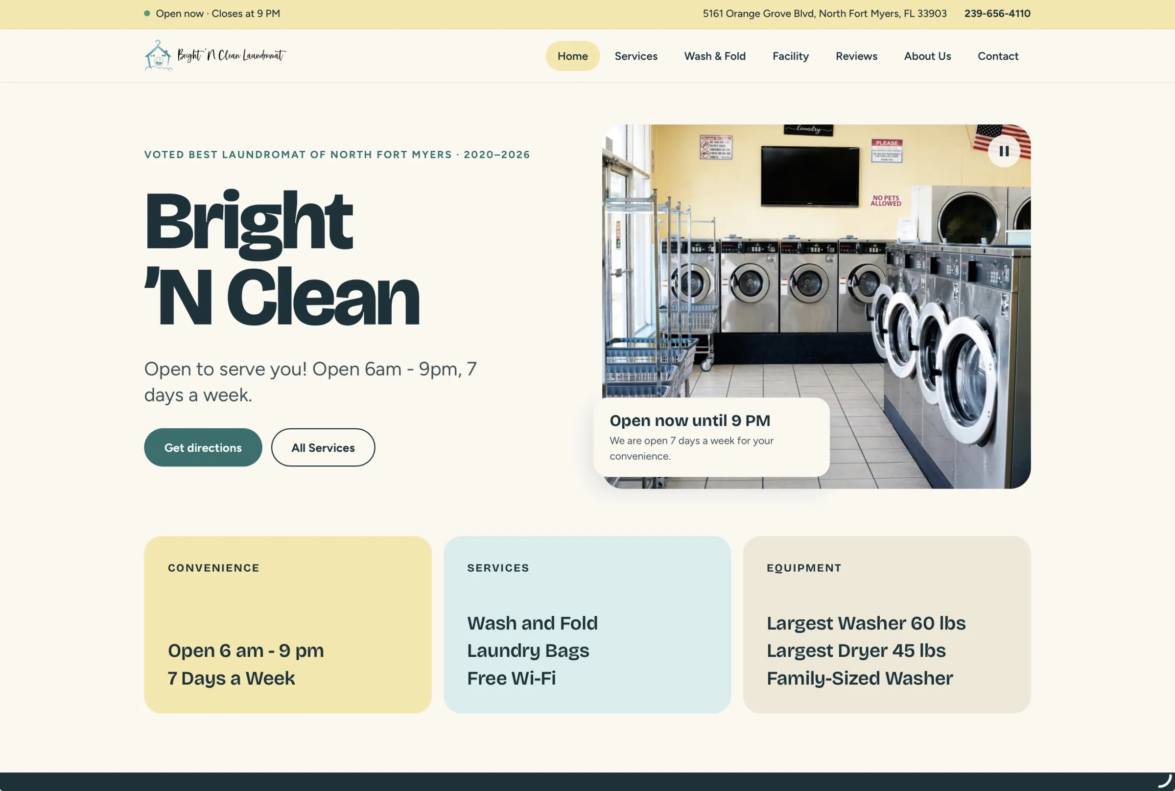 Home page of the Bright 'N Clean Laundromat website