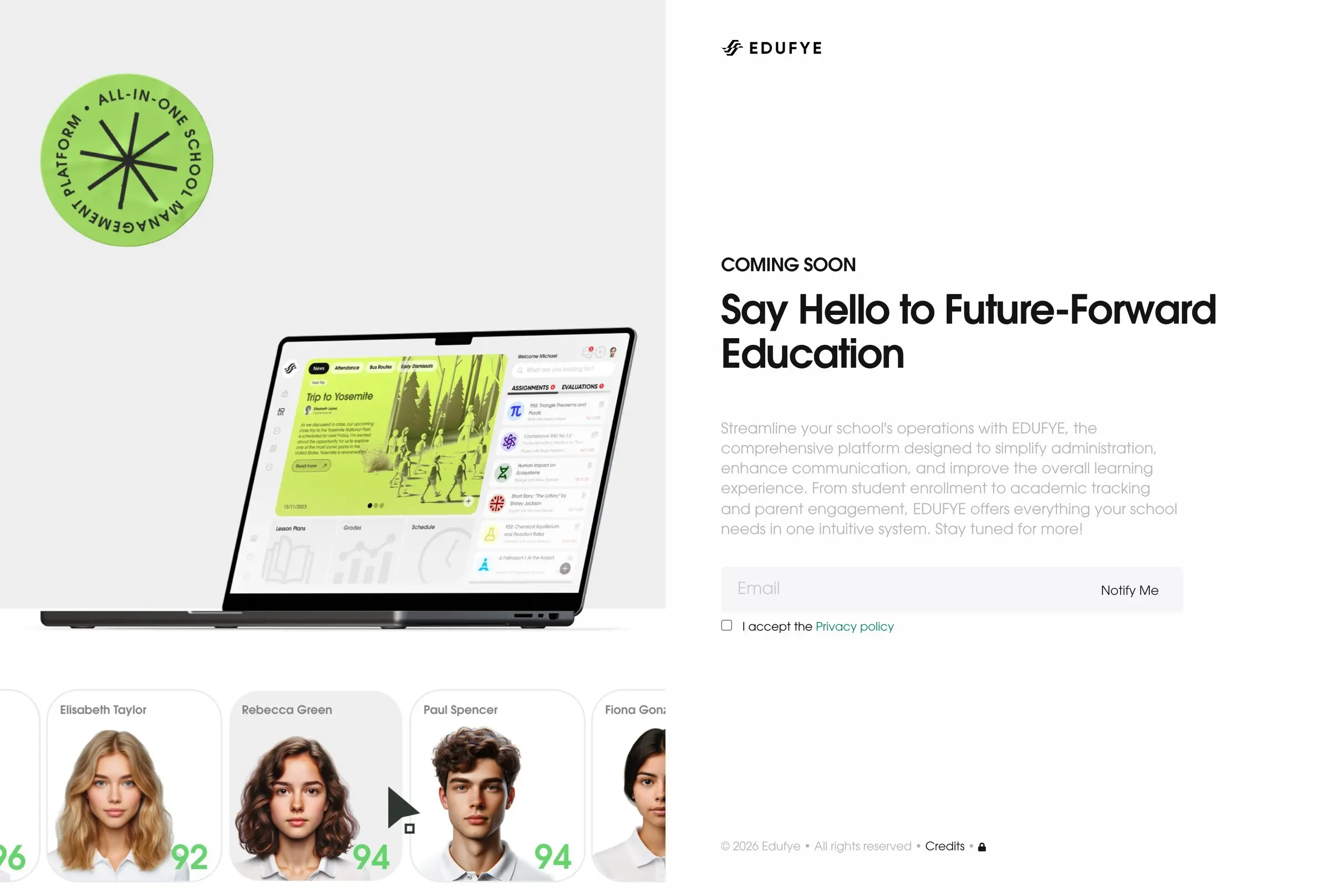 Coming soon page of the EDUFYE school management platform