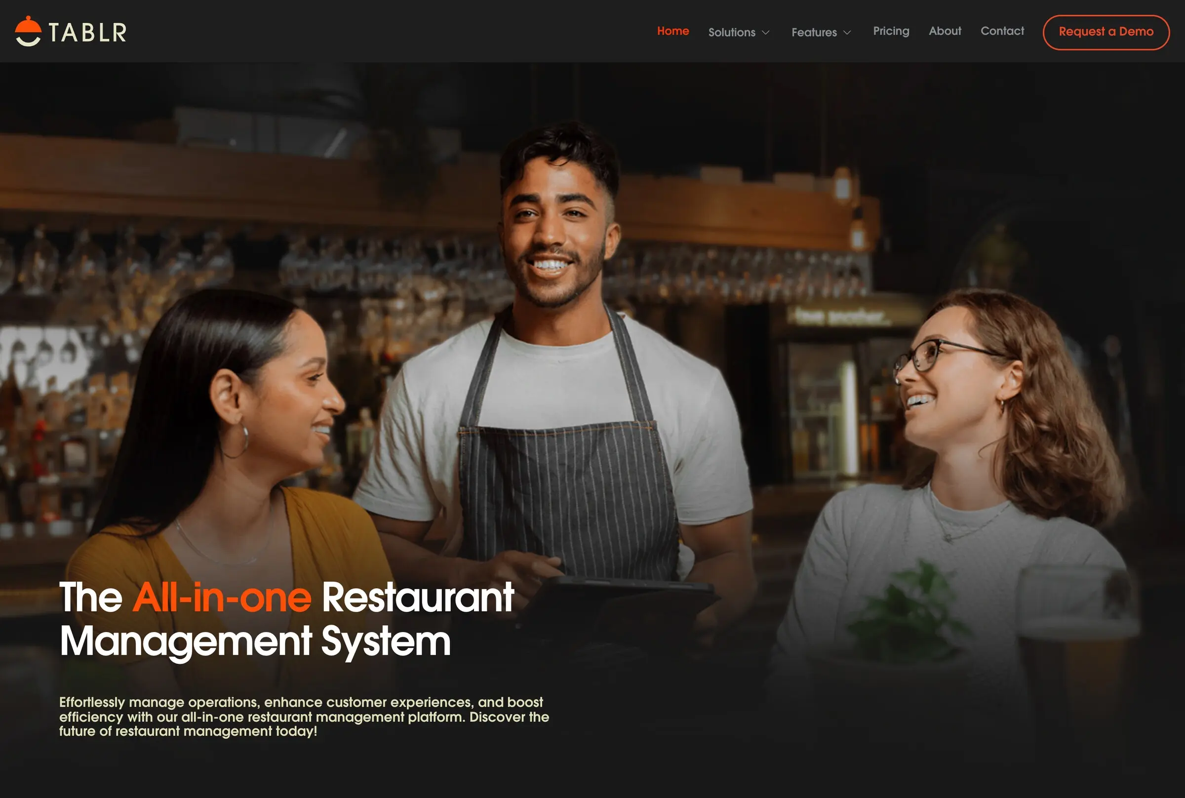 Home page of the TABLR restaurant management system website